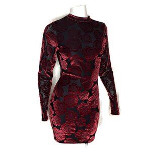 Privy Burnout Velvet Mini Dress Black Red Rose Sheer Bodycon Romantic Goth Whims